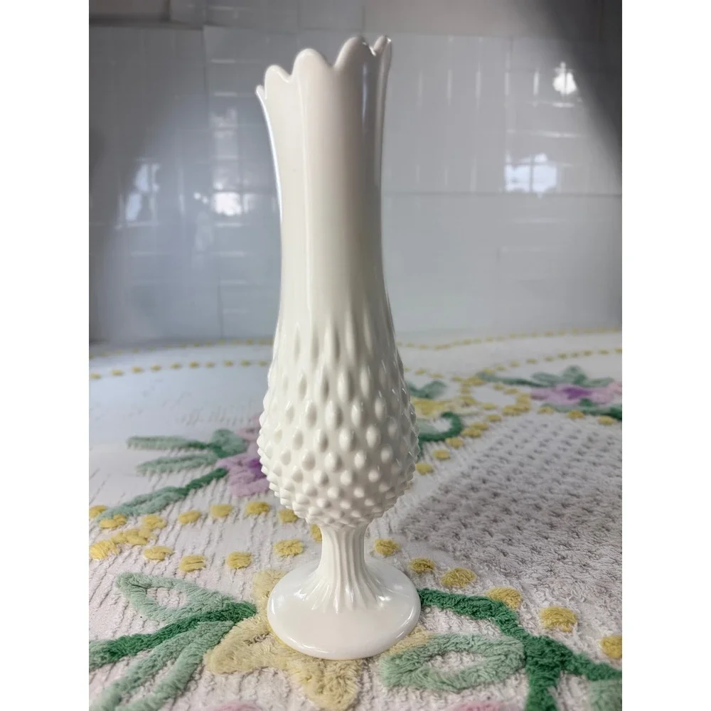 Vintage Milk Glass Hobnail Bud Vase Ruffled Rim Pedestal Base 11 Inch White